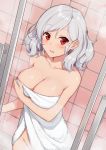  1girl bare_shoulders bathroom blush breasts cleavage collarbone eyebrows_visible_through_hair from_above girls_frontline highres indoors large_breasts looking_at_viewer medium_hair naked_towel out-of-frame_censoring parted_lips red_eyes silver_hair solo spas-12_(girls_frontline) steam terras tile_floor tile_wall tiles towel wet 