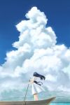  1girl absurdres bare_arms bare_shoulders black_hair blue_sky boat clouds cloudy_sky commentary_request dress floating_hair from_behind highres horizon looking_up ocean onita original paddle sash scenery sky solo standing sundress watercraft white_dress 