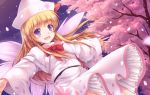  1girl :d blonde_hair bow capelet cherry_blossom_print cherry_blossoms commentary_request eyebrows_visible_through_hair fairy_wings hat highres lily_white long_hair looking_at_viewer lzh open_mouth outdoors outstretched_arms petals smile solo spread_arms touhou tree violet_eyes wide_sleeves wings 