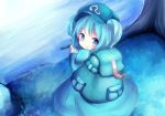  1girl backpack bag belt blue_dress blue_eyes blue_hair blush closed_mouth cucumber dress eating food from_above grass hat holding holding_food kawashiro_nitori long_sleeves looking_back nekomarieru pocket river short_hair solo touhou tree two_side_up 