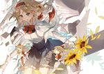  1girl alice_margatroid asuka_(louyun) blonde_hair blouse blue_eyes blue_skirt book bow bowtie capelet doll_joints flower hairband high-waist_skirt holding holding_book long_sleeves petals red_bow red_bowtie shanghai_doll skirt solo sunflower touhou white_background white_blouse 