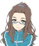  1girl bangs_pinned_back blue_jacket brown_eyes brown_hair close-up closed_mouth face glasses hair_ornament hairclip jacket lips long_hair long_sleeves looking_at_viewer sakura_quest simple_background smile solo tonee white_background 