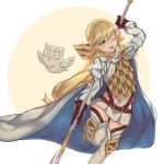  1girl armor bird blonde_hair boots braid cape closed_eyes feathered_wings feh_(fire_emblem_heroes) fire_emblem fire_emblem_heroes gloves highres long_hair low_ponytail miya_(pixiv15283026) multicolored_hair one_eye_closed owl pink_hair polearm sharena simple_background solo spear tongue tongue_out two-tone_hair weapon white_background wings 