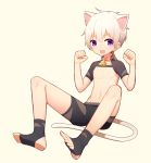  1boy animal_ears bell bell_collar cat_ears cat_tail collar highres long_hair looking_at_viewer muma_feifei open_mouth original ponytail shorts smile solo tail violet_eyes white_hair 