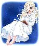  1girl bangs barefoot blonde_hair blue_eyes blunt_bangs blush covering_mouth dress fang feet full_body highres long_sleeves looking_at_viewer nightgown open_mouth sekina solo star starry_background tears twintails white_dress 