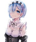  1girl black_ribbon blue_eyes blue_hair breasts choker cleavage detached_sleeves getsuyoubi hair_over_one_eye hair_ribbon head_wreath looking_at_viewer medium_breasts neck_ribbon pink_ribbon re:zero_kara_hajimeru_isekai_seikatsu rem_(re:zero) ribbon ribbon-trimmed_sleeves ribbon_trim short_hair simple_background smile solo standing upper_body white_background 