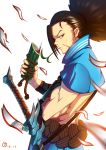  1boy bamboo brown_hair facial_hair grey_eyes highres long_hair male_focus midriff mouth_hold profile sheath sheathed side_glance sideburns standing stubble sword weapon yasuo zhang_tie_tong 