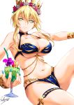  1girl armpits artist_name artoria_pendragon_(all) artoria_pendragon_(lancer) bangs belly_chain bikini blonde_hair blue_bikini breasts cleavage closed_mouth collarbone crown drink fate/grand_order fate_(series) flower frown green_eyes hair_between_eyes hair_flower hair_ornament holding_glass jewelry large_breasts long_arms long_hair looking_at_viewer nail_polish navel sakiyamama simple_background sitting solo swimsuit thigh_strap under_boob white_background wristband 