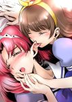  2girls akagi_towa amanogawa_kirara blush brown_hair closed_eyes earrings eyebrows_visible_through_hair go!_princess_precure hairband highres jewelry kurose_kousuke licking long_hair multiple_girls open_mouth pink_hair pointy_ears precure school_uniform sketch star star_earrings tongue tongue_out yellow_hairband yuri 