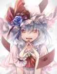  1girl ascot blue_rose brooch commentary_request fangs fingers_together flower hair_between_eyes hat hat_flower hat_ribbon jewelry letter looking_at_viewer mob_cap nail_polish puffy_short_sleeves puffy_sleeves red_eyes red_nails red_ribbon remilia_scarlet ribbon rose short_sleeves simple_background smile solo touhou upper_body wrist_cuffs yuki_(popopo) 