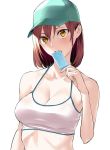  1girl arm_at_side bangs bare_arms bare_shoulders baseball_cap breasts brown_hair cleavage collarbone commentary_request crop_top eating fang fingernails food green_hat hair_between_eyes hand_up hat hiiragi_yuuichi long_fingernails looking_at_viewer medium_breasts original popsicle short_hair simple_background sleeveless solo spaghetti_strap sweat teeth upper_body white_background yellow_eyes 