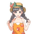  13_(deccho-htm) 1girl :p bangs bare_arms bare_shoulders black_eyes black_hair blush braid brown_hat closed_mouth collarbone dress flat_chest floral_print flower hat hat_flower holding holding_hair long_hair looking_at_viewer mizuki_(pokemon_ultra_sm) orange_dress pokemon_ultra_sm red_flower sleeveless sleeveless_dress smile solo sundress swept_bangs tareme tongue tongue_out twin_braids upper_body 