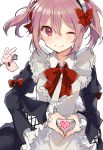  1girl alternate_costume apron blush bow commentary_request enmaided eyebrows_visible_through_hair heart heart_hands highres ikeuchi_tanuma kantai_collection maid maid_apron maid_headdress pink_eyes pink_hair rabbit sazanami_(kantai_collection) short_hair smile solo twintails 
