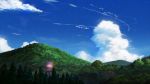  background blue_sky clouds cloudy_sky commentary_request condensation_trail day forest highres mountain nature niko_p no_humans original outdoors pagoda scenery sky tree 