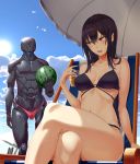  1girl alcohol arm_at_side arm_up beach_chair beer bikini black_bikini black_hair blue_sky breasts clouds cloudy_sky commentary_request cup day food fruit hair_between_eyes hiiragi_yuuichi holding holding_cup holding_fruit legs_crossed long_hair medium_breasts on_chair outdoors parasol shade sitting sky solo_focus standing sunlight swimsuit umbrella violet_eyes watermelon 