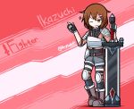  1girl armor belt boots breastplate brown_hair dungeons_and_dragons fingerless_gloves gloves hair_ornament hairclip highres ikazuchi_(kantai_collection) kantai_collection one_eye_closed raythalosm short_hair shoulder_armor solo sword weapon 