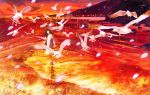  1girl bird black_eyes black_hair dress feathers flock flying gemi highres long_hair long_sleeves mountain outdoors parted_lips pink_jacket red_sky reflection scarf seagull shore sky soaking_hands solo standing sunset white_dress 