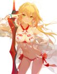  1girl ask_(askzy) bikini blonde_hair bracelet braid breasts earrings fate/grand_order fate_(series) green_eyes jewelry looking_at_viewer navel nero_claudius_(swimsuit_caster)_(fate) saber_extra solo striped striped_bikini swimsuit sword weapon 