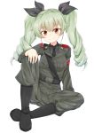  1girl anchovy anzio_military_uniform arm_support belt black_boots black_necktie black_ribbon black_shirt blush boots brown_eyes drill_hair eyebrows_visible_through_hair full_body girls_und_panzer green_hair hair_between_eyes hair_ribbon highres long_hair looking_at_viewer necktie nenosame ribbon shirt simple_background sitting smile solo twin_drills very_long_hair white_background 