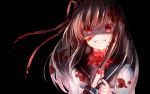  1girl black_background blood blood_on_face bloody_clothes bloody_hair bloody_hands blush brown_hair evil_grin evil_smile eyebrows_visible_through_hair flower grin hair_ribbon head_tilt highres holding holding_flower long_hair long_sleeves looking_at_viewer original red_eyes red_ribbon ribbon school_uniform serafuku shirt sll smile solo spider_lily upper_body 