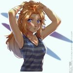  1girl adjusting_hair armpits arms_up blonde_hair blue_eyes blush borrowed_character breasts cleavage commentary dappled_sunlight eleni_(amylrun) facing_viewer highres looking_to_the_side mathias_leth original ponytail scar small_breasts striped sunlight symbol-shaped_pupils tank_top upper_body 