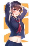  1girl :d absurdres arms_up blush breasts brown_eyes brown_hair eyebrows_visible_through_hair hair_between_eyes head_tilt highres large_breasts midriff navy_blue_serafuku neckerchief open_mouth original pleated_skirt school_uniform serafuku shirt skirt sll smile solo 