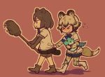  &gt;_&lt; 2girls african_wild_dog_(kemono_friends) african_wild_dog_ears african_wild_dog_print african_wild_dog_tail animal_ears bear_ears bear_paw_hammer bear_tail black_hair boots bow bowtie brown_bear_(kemono_friends) extra_ears flying_sweatdrops kemono_friends lucky_beast_(kemono_friends) multicolored_hair multiple_girls ouka_(yama) outdoors red_background shirt_tug short_hair simple_background tail two-tone_hair walking white_hair 