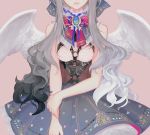  1girl angel_wings bangs bare_shoulders blue_skirt bow breasts brooch corset cowboy_shot dadachyo gradient_hair grey_hair hair_bow head_out_of_frame jewelry lace lace_trim layered_skirt light_smile long_hair multicolored_hair o-ring original ribbon skirt solo wings 