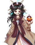  androgynous black_hair candle fangs fire flame ghost ghost_tail hairband highres horns japanese_clothes kimono lamp len&#039;en mouth_hold red_eyes short_hair solo taira_no_chouki 