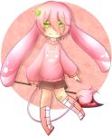  1girl amaranth_(sinamuna) axe bandage bandaid blood blush boots chibi green_eyes heart_eyes ku-roki original pink_hair rabbit_ears scratches short_hair shorts smile solo sweater tail usagimimi weapon yandere 