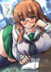  1girl blush bra breasts girls_und_panzer glasses large_breasts light_brown_hair long_hair ooarai_school_uniform see-through shinshin skirt solo sweat takebe_saori thighs translation_request underwear window 