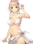  1girl bikini blonde_hair blush braid breasts cleavage fire_emblem fire_emblem_heroes flower gebyy-terar green_eyes hair_flower hair_ornament hair_up hibiscus large_breasts long_hair looking_at_viewer navel open_mouth sarong sharena simple_background sketch smile solo swimsuit white_background white_bikini 