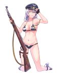  1girl absurdres arm_up bikini black_bikini black_gloves bolt_action breasts closed_mouth collarbone fingerless_gloves full_body gloves gluteal_fold gun hair_between_eyes hand_on_headwear hat high_heels highres kneeling large_breasts lavender_hair looking_away mauser_98 medium_hair navel original peaked_cap rifle sandals shiono_fuyu simple_background solo swimsuit thigh_strap violet_eyes weapon white_background 
