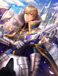  1boy ahoge armor black_shirt blonde_hair blue_cape blue_eyes blue_sky cape castle closed_mouth clouds cloudy_sky excalibur_galatine fate/extra fate/grand_order fate_(series) flag fur-trimmed_cape fur_trim gauntlets gawain_(fate/extra) holding holding_sword holding_weapon knight looking_at_viewer male_focus petals polearm shirt short_hair sky solo sorao_(ichhimo) sparkle spear sunlight sword weapon 