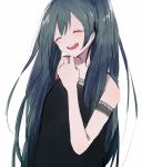 1girl :d ^_^ bangs bare_shoulders black_dress blue_hair c4991 closed_eyes dress eyebrows_visible_through_hair hand_up hatsune_miku long_hair open_mouth simple_background smile solo teeth twintails very_long_hair vocaloid white_background 