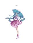  1girl aqua_eyes aqua_hair bangs boots closed_mouth copyright_name dress eyebrows_visible_through_hair floating_hair full_body hatsune_miku highres holding holding_umbrella long_hair looking_at_viewer melt_(vocaloid) pink_dress puffy_short_sleeves puffy_sleeves purple_legwear short_sleeves simple_background smile socks solo song_name spencer_sais standing tsurime twintails umbrella very_long_hair vocaloid white_background 