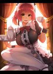  1girl blush breasts cup curtains frills highres large_breasts letterboxed maid maid_headdress mary_janes open_mouth original pink_hair rerrere shoes short_hair side_ponytail smile solo teacup teapot thigh-highs tray white_legwear window wrist_cuffs yellow_eyes 