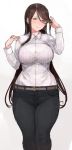  1girl belt breasts brown_eyes brown_hair c.cu curvy formal gradient gradient_background hips large_breasts light_smile long_hair looking_at_viewer original pink_background see-through smile solo thighs wide_hips 