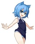  1girl :d animal_ears bare_arms blue_dress blue_eyes blue_hair blush cat_ears collared_dress commentary_request cowboy_shot dress dress_lift from_side hair_between_eyes highres looking_at_viewer looking_to_the_side mo-re: nanami_ao open_mouth outstretched_arms panties short_hair simple_background sleeveless sleeveless_dress smile solo spread_arms standing tareme underwear white_background white_panties yozakura_quartet 