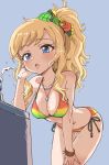  1girl absurdres between_breasts bikini blonde_hair blue_eyes breasts cleavage cowboy_shot drinking_fountain grey_background highres idolmaster idolmaster_cinderella_girls jewelry long_hair medium_breasts multicolored multicolored_bikini multicolored_clothes necklace ootsuki_yui pizzasi side-tie_bikini simple_background solo swimsuit water 