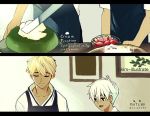  2boys age_difference apron artist_name baking blonde_hair cake closed_eyes english food fruit icing multiple_boys nadia_kim original short_hair smile strawberry white_hair 