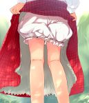  1girl bare_legs bloomers close-up flan_(harry_mackenzie) from_behind kazami_yuuka lifted_by_self long_sleeves lower_body outdoors plaid plaid_skirt red_skirt skirt skirt_lift solo touhou underwear 