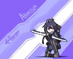  1girl akatsuki_(kantai_collection) archery arrow bow_(weapon) dungeons_and_dragons eyepatch hat hat_feather highres holding holding_weapon kantai_collection long_hair one_knee purple_hair quiver ranger raythalosm violet_eyes weapon 
