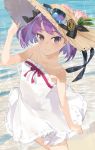  1girl bare_shoulders dress fate/grand_order fate_(series) hat hayashi_kewi helena_blavatsky_(fate/grand_order) looking_at_viewer looking_up ocean purple_hair short_hair smile solo sparkle straw_hat sunglasses sunglasses_on_head violet_eyes white_dress 