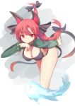  1girl animal_ears bangs bikini black_bikini black_bow bow breasts cat_ears cat_tail cleavage fang_out hair_bow highres kaenbyou_rin large_breasts long_hair long_sleeves looking_at_viewer multiple_tails red_eyes redhead smile solo swimsuit tail touhou two_tails uchisukui 