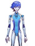  1boy android bangs blue_eyes blue_hair bright_pupils cowboy_shot highres kaito looking_at_viewer male_focus robot_joints shikuchousen short_hair simple_background smile solo swept_bangs vocaloid white_background 