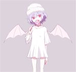  1girl alternate_costume bat_wings beanie breasts candy choker commentary cross food grey_background hair_between_eyes hat head_tilt holding large_breasts lollipop long_hair moi2m3 nail_polish pointy_ears red_eyes red_nails remilia_scarlet shirt simple_background solo standing touhou white_hat white_shirt wings 