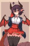  1girl blazer dragon_tail dragon_wings grea_(shingeki_no_bahamut) highres horns jacket mou_tama_maru pointy_ears purple_hair red_eyes school_uniform shingeki_no_bahamut short_hair skirt tail thigh-highs wings zettai_ryouiki 