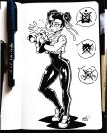  1girl artist_name bracelet chun-li contrapposto dated double_bun greyscale highres jewelry mike_luckas monochrome signature solo spiked_bracelet spikes street_fighter traditional_media 