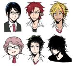  6+boys akagami_(konkichi) aotsuki_(konkichi) black_(konkichi) black_hair blonde_hair blue_(konkichi) blue_hair cropped_neck dark_skin dark_skinned_male fang fat glasses green_(konkichi) green_hair gyaruo hair_over_eyes highres konkichi_(flowercabbage) kousaka_(konkichi) kurosu_(konkichi) kurumizawa_(konkichi) male_focus multicolored_hair multiple_boys necktie opaque_glasses original pink_(konkichi) pink_hair red_(konkichi) redhead simple_background smile streaked_hair sweatdrop tabuchi_(konkichi) white_background yellow_(konkichi) 